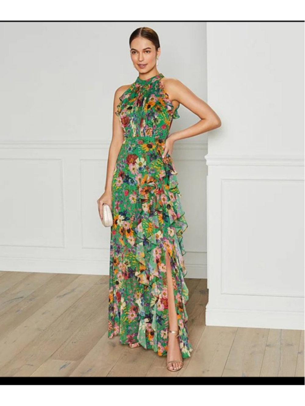 Betsy & Adam NWT Floral Ruffle Maxi Dress Green Multicolor Size 4 $249